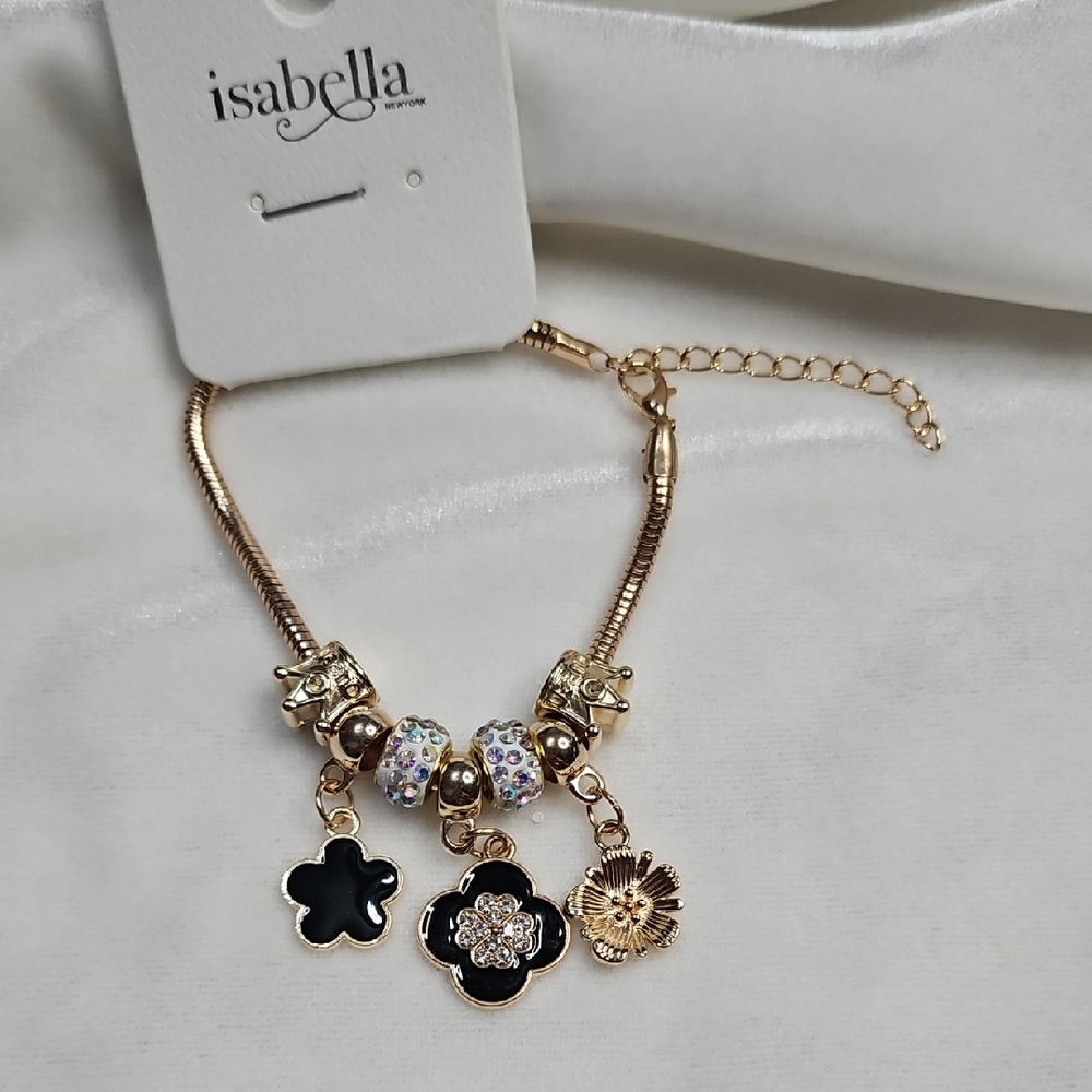 Isabella Gold Tone Black Clover Charm Bracelet Adjustable Length NWT Rhinestones
